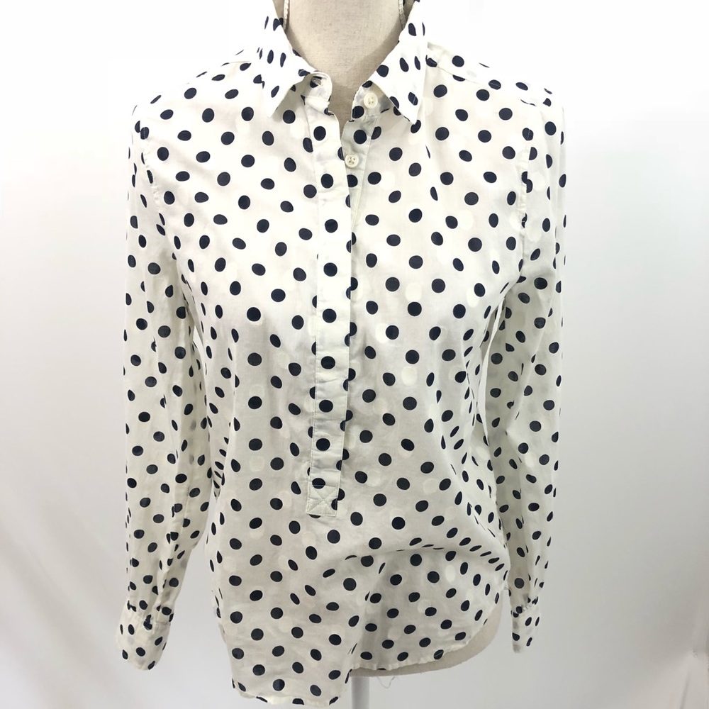 J CREW Factory Navy Cream Polka Dot Popover Blouse